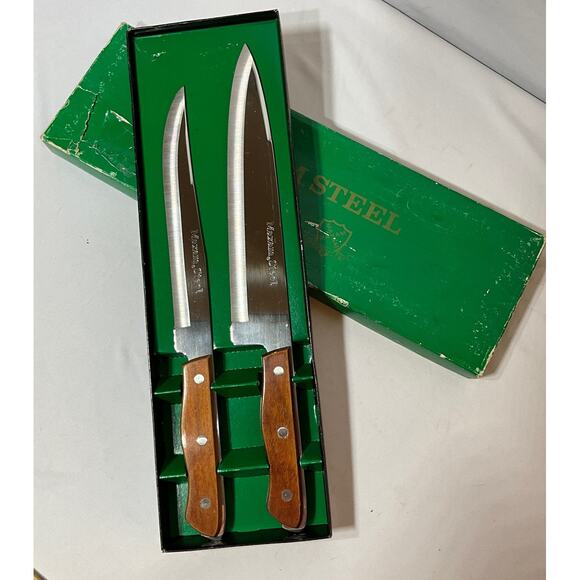 Vintage MAXAM STEEL ~ 2 Knives Wooden Handle in Original Box, Maxam, Japan - Picture 1 of 9